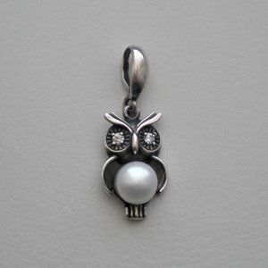 Russian Russia Sterling Silver 925 Cultured Pearl Crystal Eyes Owl Pendant Charm